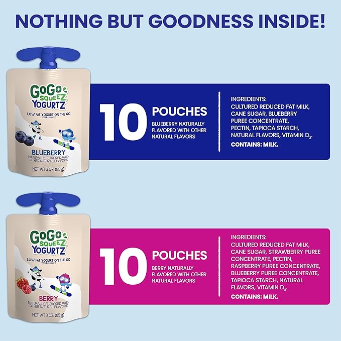 GoGo squeeZ yogurtZ Variety Pack, Blueberry & Berry, 3 oz (Pack of 20), Kids Snacks Made from Real Yogurt and Fruit, No Fridge Needed, Gluten Free, Nut Free, Recloseable Cap, BPA Free Pouches