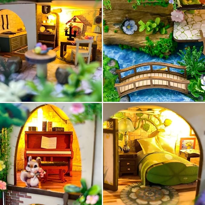 DIY Miniature House Kit, Tiny House Kit with Furniture & LED, DIY Wooden Dollhouse Miniature Kit for Adults Teen, Wooden Crafts Lovely Dollhouse Kit, Forest Castle