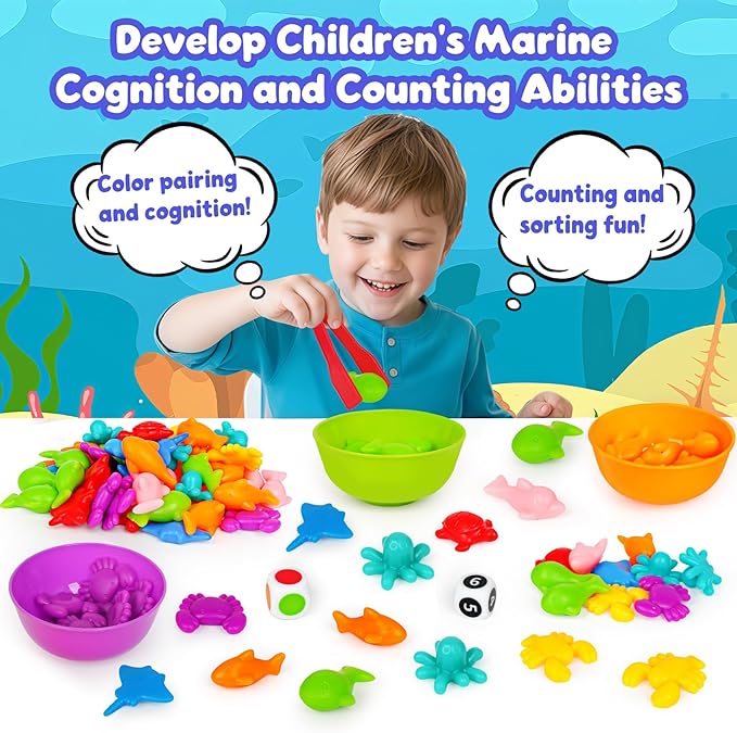 Sorting Colors Sea Animals Counting Toys with Matching Sorting Cups and Game Dices, Color Classification and Sensory Training Preschool Educational Learning Toys for Toddlers Kids Girls Boys Ages 3+