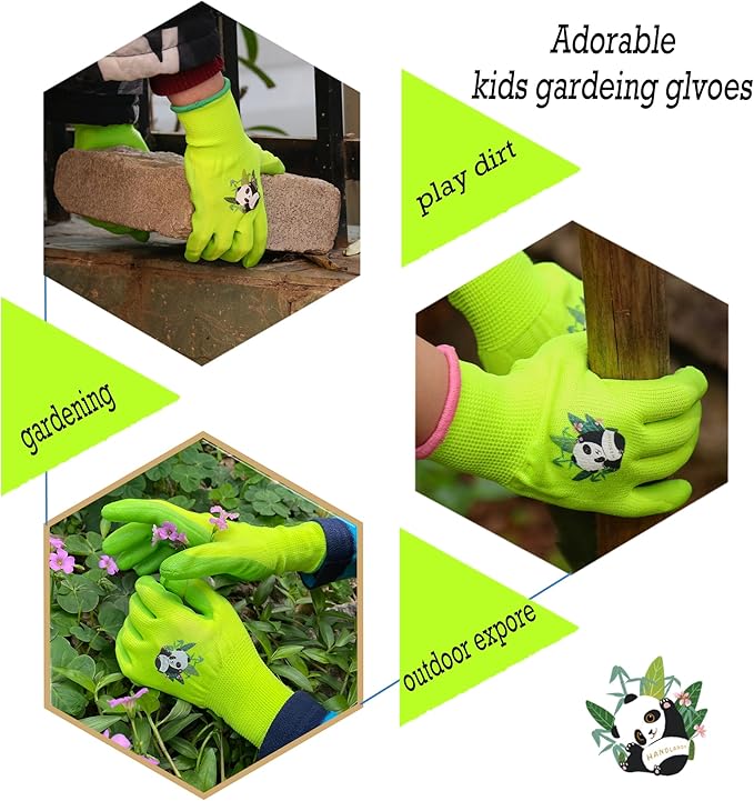 HANDLANDY 2 Pairs Kids Gardening Gloves, Toddler Children Garden Yard Work Outdoor Playing Gloves, Rubber Coating, for Girls Boys Youth (Size M, Green)