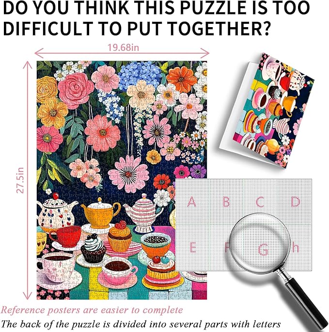 Flower 1000 Piece Puzzle for Adults, PICKFORU Colorful Tea Cups Wildflower Garden Jigsaw Puzzles, Hard Difficult Cupcake Afternoon Tea Theme as Art Decor