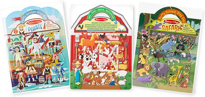 Melissa & Doug Puffy Sticker Activity Books Set of 3 – Safari, Pirate &On The Farm, with Reusable Stickers and Fold-Out Scenes, Mess Free Play Set & Travel Toys for Kids Ages 4+