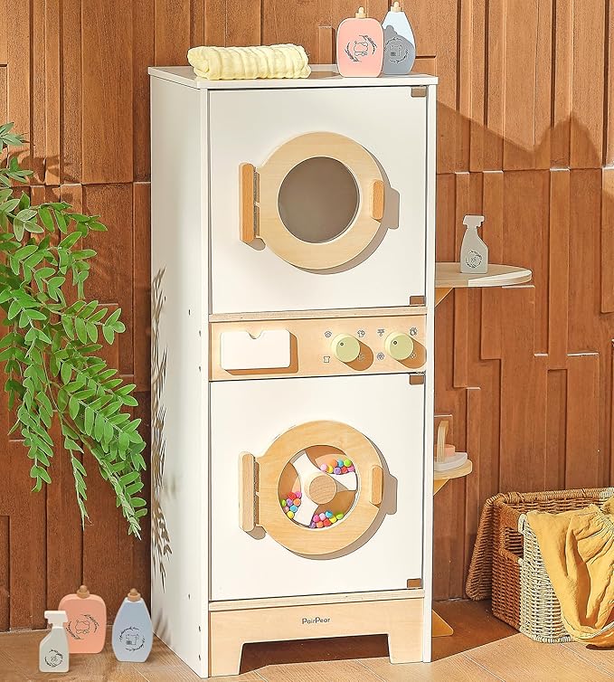 PairPear Wooden Toy Washing Machine Playset, Kids Washer & Dryer Laundry Playset with Iron, Toddler Pretend Kitchen Spinning Bead Drum Toy Gift for Age 3+