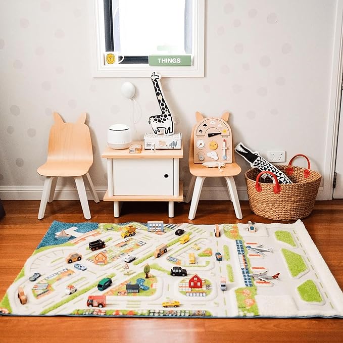 IVI Mini City 59" L x 39" W Educational Toddler Car Play Mat Rug for Bedroom, Kids Den, or Playroom