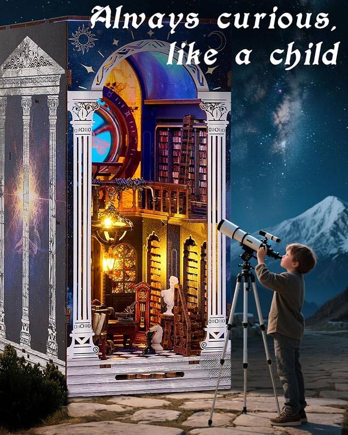 Book Nook Kit - Secret of The Galaxy, DIY Booknook Kit for Adults, 3D Wooden Puzzle Bookshelf Insert Decor with LED Lights, Craft Gift for Teens Family Friends
