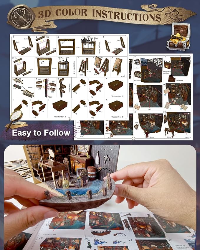Book Nook Kit Pirate Ship Aden, DIY Miniature Book Nook Kits for Adults, 3D Wooden Puzzle Bookshelf Insert Decor with Sensor LED Lights, for Men Teens Family