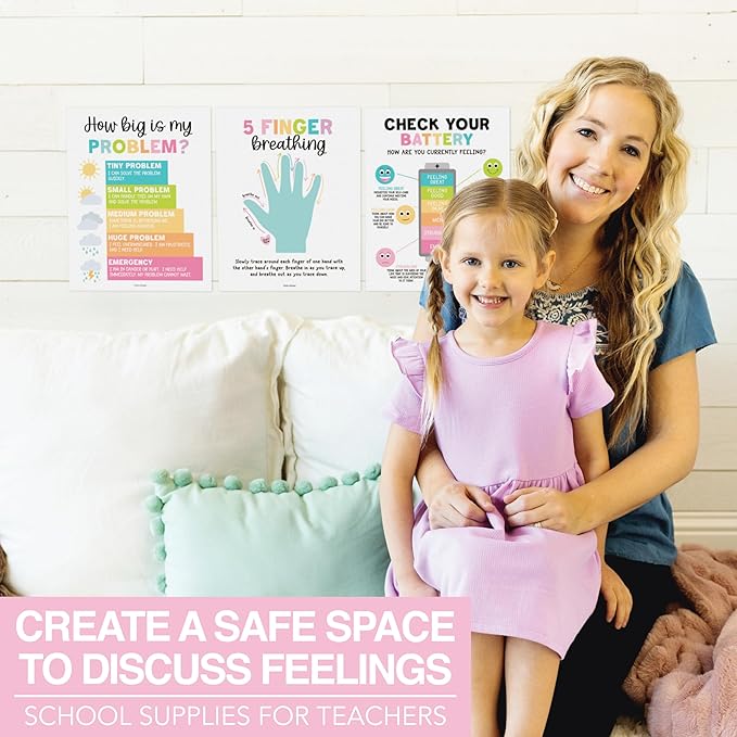Hadley Designs 9 Calming Corner Posters For Classroom Must Haves For Teachers - 11x14 Calm Down Corner Supplies, Feelings Chart For Kids Ages 4-8, Feelings Wheel Poster, Pastel Classroom Decor