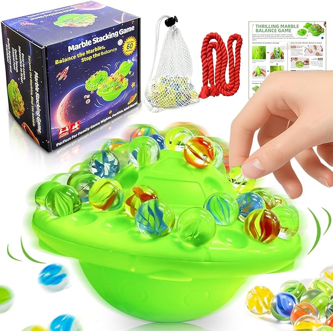 Wobble Ball Marble Balance Game - Marbles for Kids & Adults Balancing Set with 60 Glass Marbles, Built-in Storage, Fun Family Games & Party Challenge for 1-4 Players, Perfect Birthday