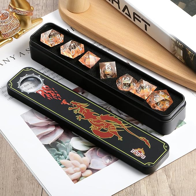 Liquid Sharp Edge D&D Dice,DNDND 7PCS Liquid Filled Risin DND Dice with Gift Case for Dungeons and Dragon Game (Light Orange)