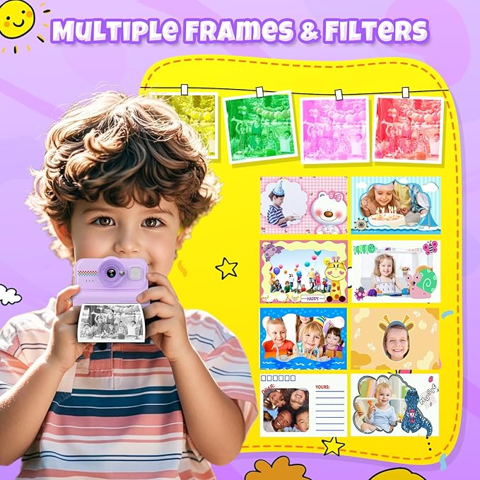 Kids Instant Print Camera, 1080P HD with 3 Rolls Print Paper & 32GB Card, Ideal Kids Toys Gift for Boys & Girls Age 3-14 (Purple)