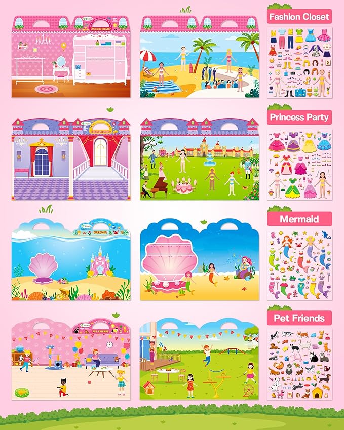 D-FantiX 3D Puffy Stickers for Toddlers 2-4 Years, Reusable Sticker Books for Girls Ages 4-8, Dress-Up, Princess, Mermaid, Pet, Car Road Trip Activities for Kids 3-5, Airplane Travel Essentials