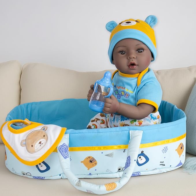 Lifelike Reborn Baby Doll, 18-Inch Realistic African American Baby Dolls Weighted Newborn Boy Doll Soft Cloth Body Real Life Dolls Gift for Kids 3+, Complete with Clothes and Toy Accessories