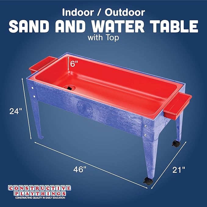 Constructive Playthings Indoor/Outdoor Sand and Water Activity Table for Kids Ages 1-3, Portable Classroom Play Table with Dry-Erase Top and 2 Side Trays, Blue/Red