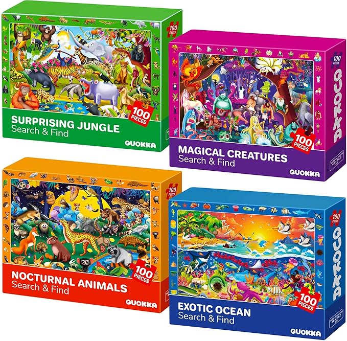 QUOKKA 100 Piece Puzzles for Kids Ages 4-6 - 4 Jigsaw Puzzles for Kids Ages 6-8 - Search and Find Observational Nocturnal Life for Childrens 5-8 - Learning Educational Toys for Boys and Girls 8-10
