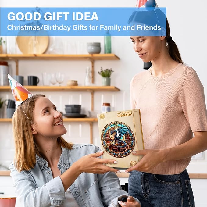 WOODBESTS Wooden Puzzles for Adults (100 Piece, S, 8.5"x8.5") Dragon's Library Wood Puzzle Adult, Unique Wooden Animal Jigsaw Puzzles, Family Game and Birthday Gifts for Friend