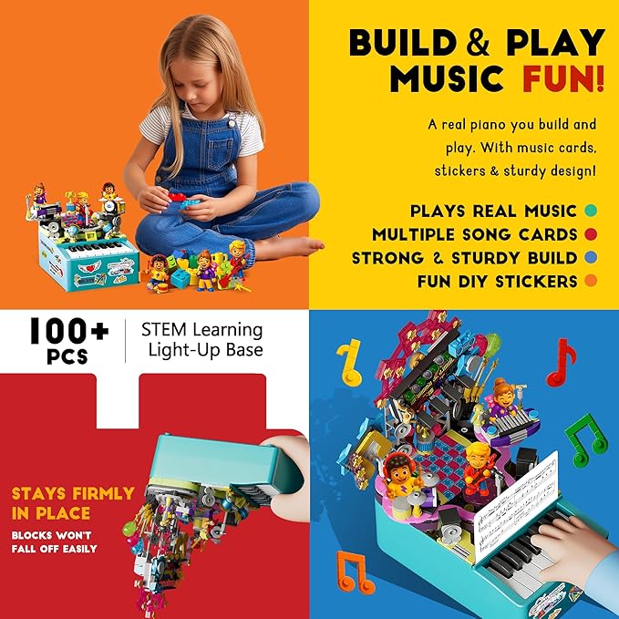 STEM Piano Music Building Block Set with Light & Sound, Real Playable Building Toys for Kids Ages 6+, Birthday Gift & Room Décor, DIY Creative Toys for Kids & Adults