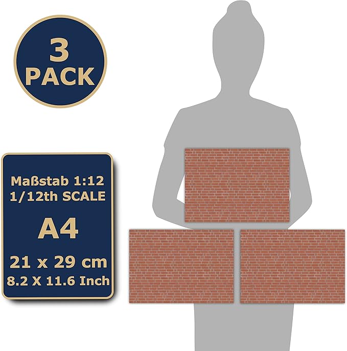 3 Sheets Self-Adhesive Wall Cladding for Dollhouse 1:12 Scale (Smooth red)