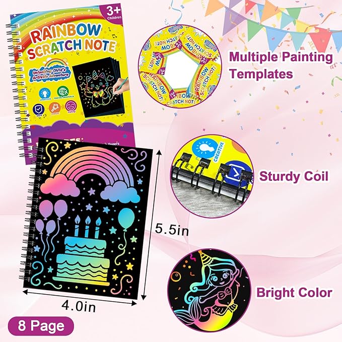 HXDOGSP Scratch Art for Kids: 20 Pack Rainbow Scratch Paper Party Favors - Art Crafts Notebook Suitable for Birthday Gifts/School Crafts Kit/Classroom Prizes for Girls and Boys Aged 4-12
