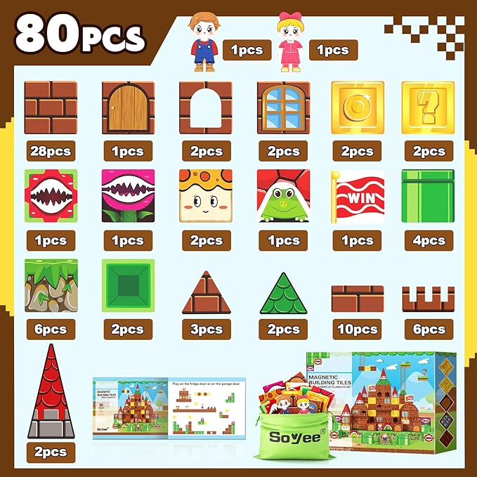 Magnetic Tiles 80PCS Kids Toys Castle Magnetic Building Blocks Construction Magnet Pretend Play Set for Boys & Girls 3-12 Year Old Christmas Birthday Gifts for Boys