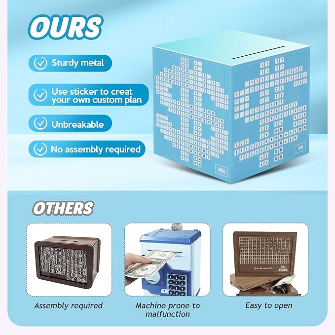 Primo Lines Piggy Bank for Adults Must Break to Open, with Savings Counter & Goal Tracker, Unbreakable Stainless Steel Money Box for 10K Challenge $3000 $5000, Kakeibo (4.72 Inch)