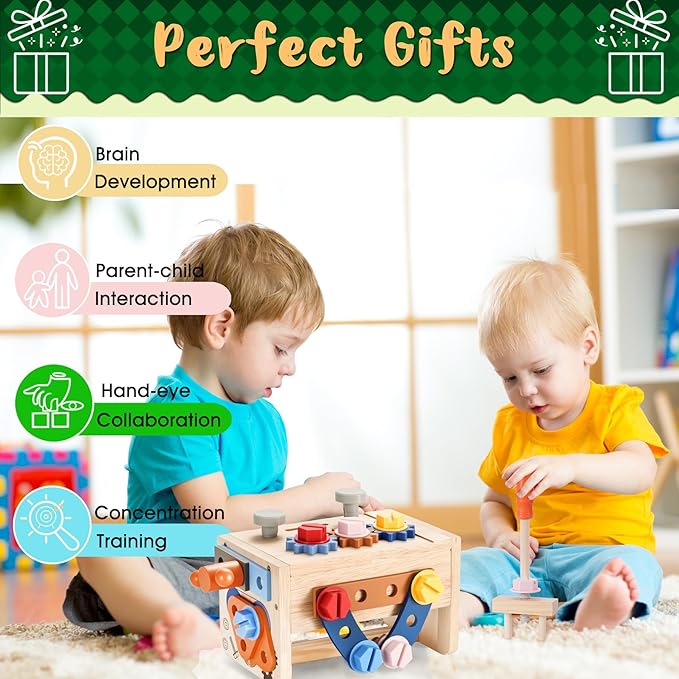 REXBETI Kids Tool Set, 43Pcs Wooden Toddler Tool Bench with Electric Drill, Apron and A Pack Stickers(50pcs), Montessori Construction Toddler Tool Set