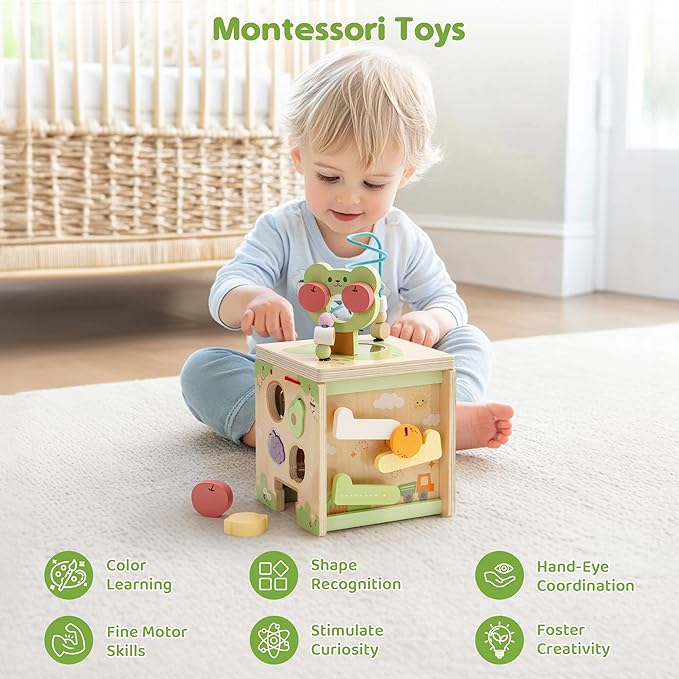 ROBOTIME Wooden Activity Cube with Bear Orchard Theme, 9-in-1 Montessori Toys for 12M+ Boys & Girls, Educational Learning Toys for Toddlers Age 1-3, 1st Birthday Gift