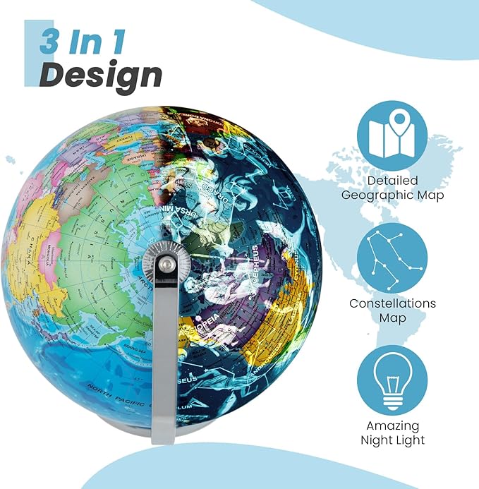 Nightcore World Globe for Kid Learning, 9'' Educational Classic World Globe with Metal Stand& Built-in LED Night Light, 88 Illuminated Constellations View, Desk Decoration Earth Map for School, Home, and Office