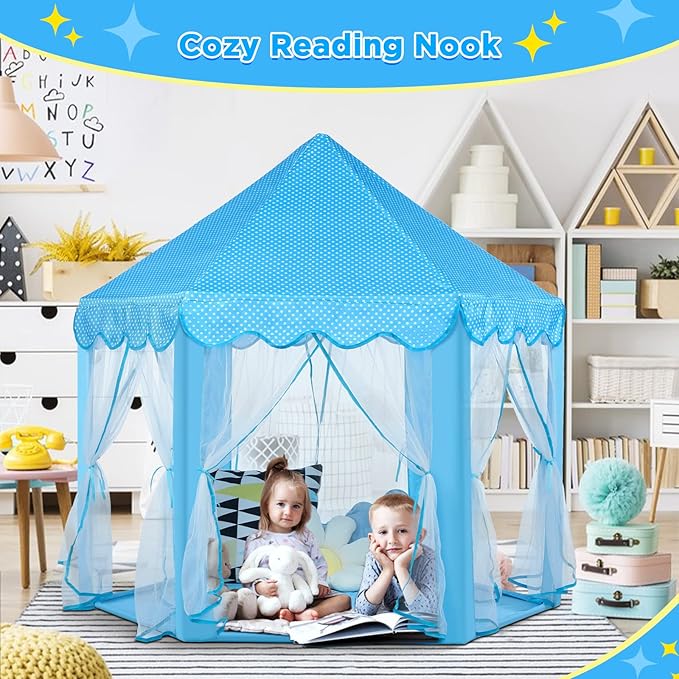 Monobeach Princess Castle Playhouse for Girls - Large Kids Tent with Star Lights for Indoor & Outdoor Play, 55'' x 53'' (DxH) (Blue Princess Tent with Little Star Lights)