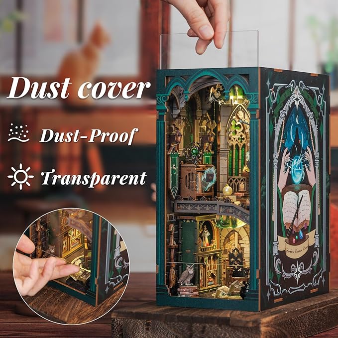 Fsolis Book Nook Kits for Adults, DIY Miniature House Kit 3D Wooden Puzzle Booknook Magic Halloween Bookshelf Nook Decorative Bookends for Women Teenagers and Book Lovers(Darkness Common Room)