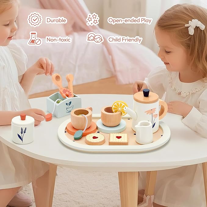 Wooden Tea Set for Toddlers,Wooden Tea Party Set for Kids Pretend Play Food Toy Set Kitchen Accessories Tea Time Party with Play Food for Girls and Boys 3 Years and up