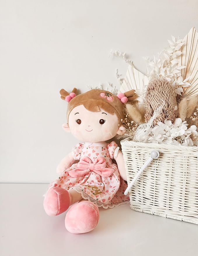 LeyaDoll Personalized Soft Baby Doll Toys for Girls (16''), My First Birthday Gift, Christmas Dolls, Leya Doll Baby Rag Doll Plush Toys for Toddler Kids Infants -Cherry Girl Light