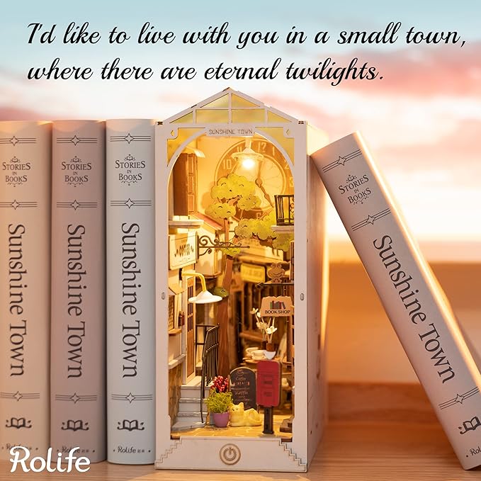 Rolife LED Book Nook Kit-Decorative Bookend Stand-3D Wooden Puzzle for Adults-Bookshelf Insert Booknook-Room Decor for Teen Girls Boys Women Men