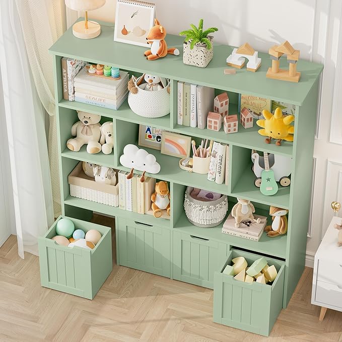 FINETONES Toy Storage Organizer, Kids Bookshelf with 4 Movable Chests and 7 Storage Cubes, Toy Chest Storage with Hidden Wheels, Toy Organizers and Toy Storage, Green