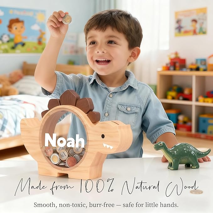 Personalized Wooden Piggy Bank for Kids, Custom Name Cute Wood Bank Large for Boys Initial Coin Bank Personalized Dinosaur Piggy Bank Wood Money Save Box for Birthday Christmas and Festival
