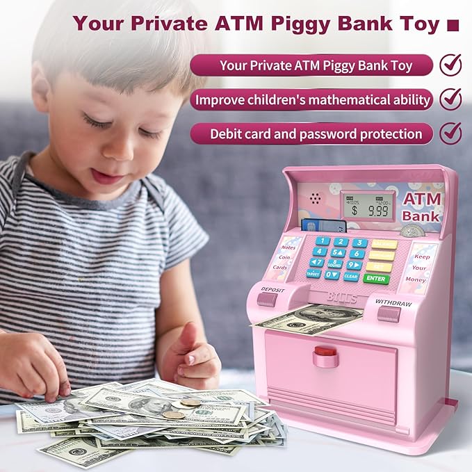 ATM Piggy Bank for Kids，ATM Bank Cash Coin Saving for Real Money with Debit Card，Coin Recognition, Balance Calculator, Electronic Savings Safe Box，Gift for Ages 6-13 Piggy Bank (Pink)
