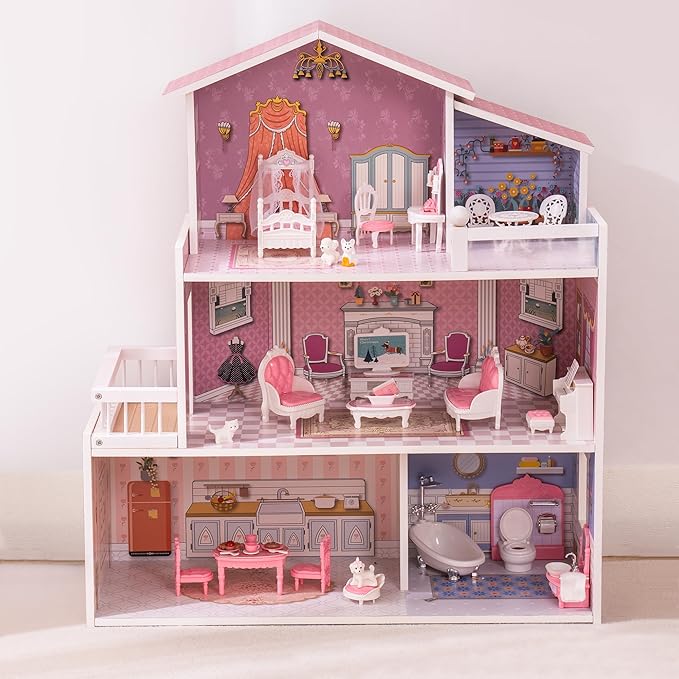 ROBUD Wooden Dollhouse Playset, 3 Stories, 5 Rooms, 24 PCS Furniture, Pretend Play Toys Gift for Kids Toddlers Girls