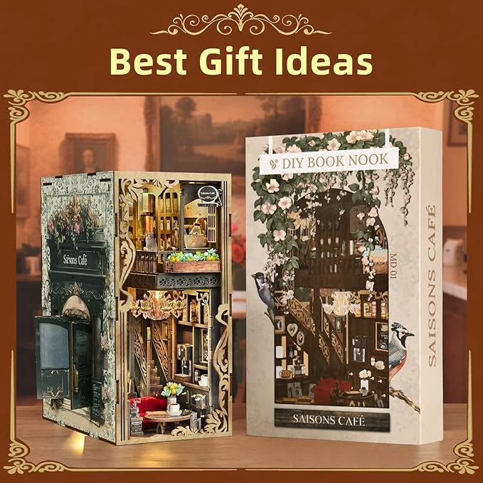 Book Nook Kit, DIY Miniature Dollhouse Booknook Kit, 3D Wooden Puzzle Bookend Bookshelf with LED Light for Adults Teens (Saison Café)