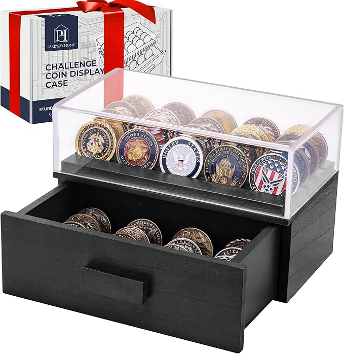 Black Wooden Challenge Coin Display Case with Clear Cover - Medium Military Coin Display Case Holds 20 Coins on Top & 16 in The Storage Drawer - Versatile Coin Stand Holder & Poker Chip Display Case
