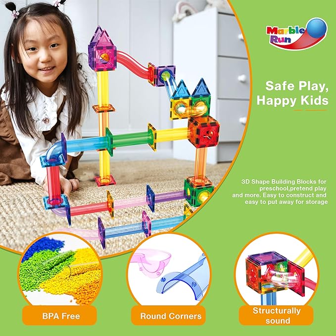 PicassoTiles 120pc Magnetic Tile Marble Run Set STEM Construction Toy with Track Building Blocks Educational Learning Compatible for Brain Development Creativity Coordination Kids Age 3 Plus PTG120