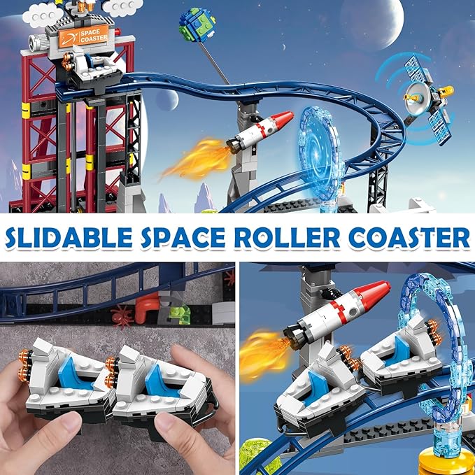 HOGOKIDS Space Roller Coaster Building Toy - 926PCS Coaster Building Set Features Lift Platform, Satellites, Rocket Buildable Space Rollercoaster Adventure Park for Adults Kids Girl Boy Ages 8+