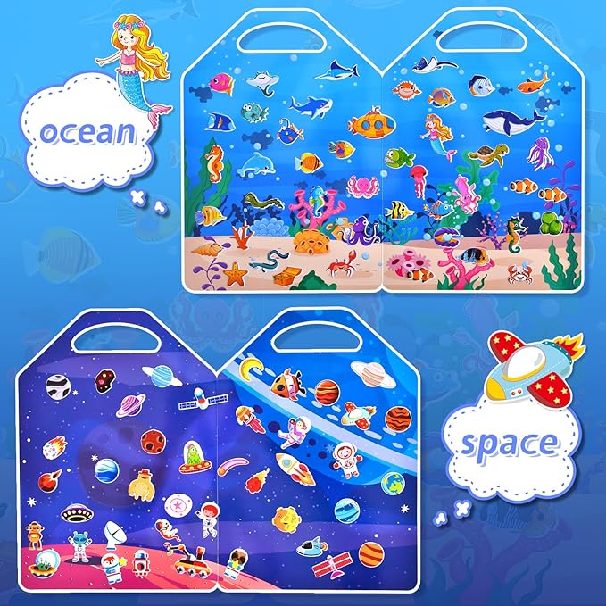 6 Set (260pcs) Puffy Sticker Books Activity for Kids, Animal, Farm, Dinosaurs, Space, Vehicle, Ocean, 3D Reusable Stickers for Boys and Girls, Travel Sticker Books for Kids Ages 3+