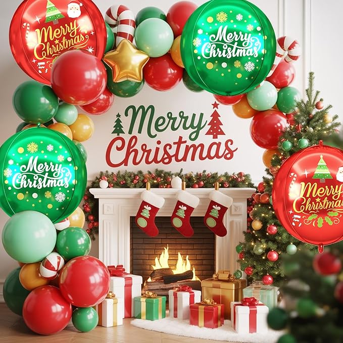 Xmas Foil Balloons Red Green Merry Christmas Printed, 6 Pcs Xmas Round Balloons, 22 Inch Big Round Foil Balloon For Christmas Party Decorations