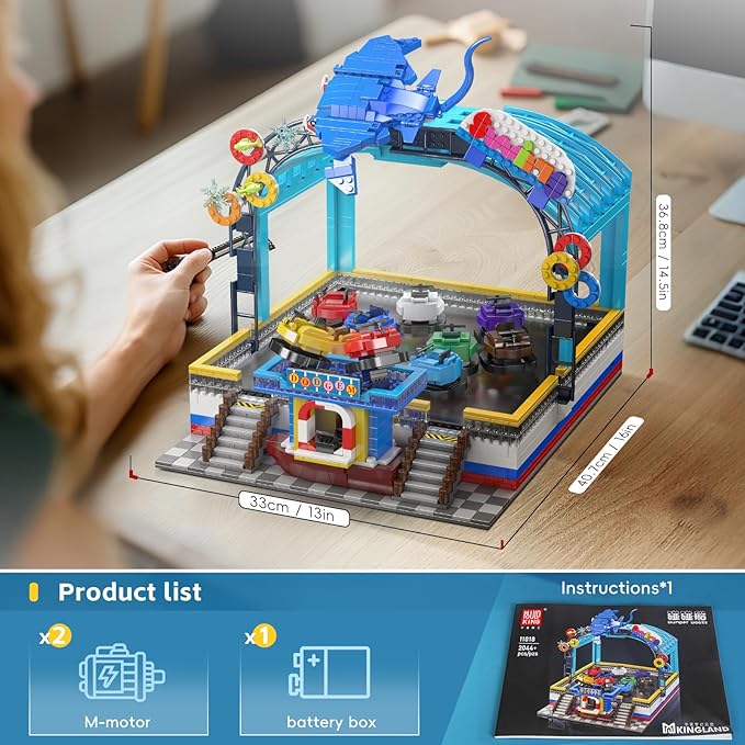 Mould King Bumper Boat Building Blocks Set, 2044+ Pcs Amusement Park Model Kit with Manta Ray Model, Engineering City Building Set That Run, Collectible Gift for Teens, Adults