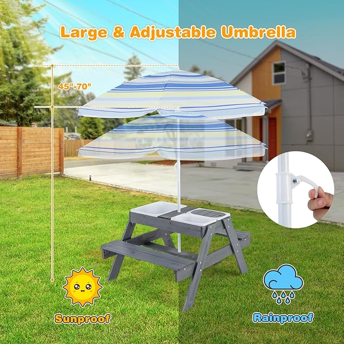 Costzon Kids Picnic Table with Sensory Bins, 4 in 1 Sand and Water Table with Height Adjustable Umbrella, Removable Tabletop, Wooden Kids Outdoor Table for Backyard Patio Play