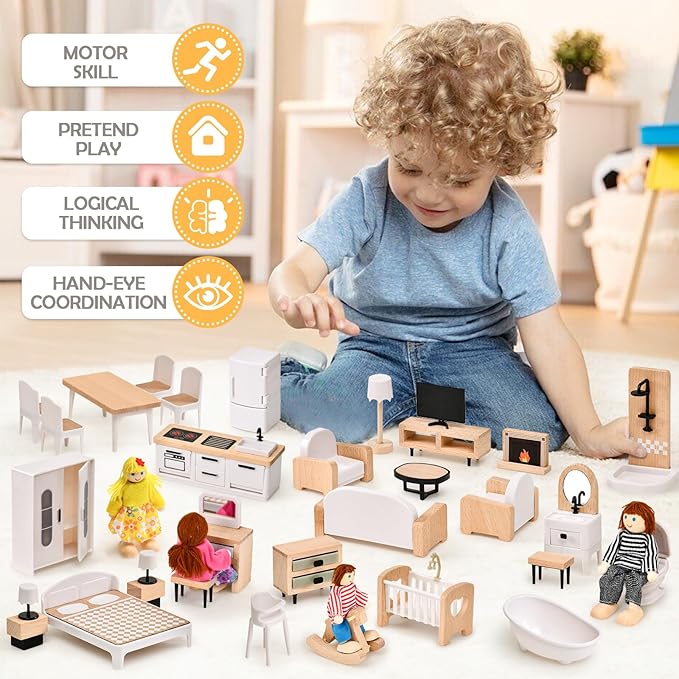 Toyssa Dollhouse Furniture Set, 36PCS Beech Wood and Plastic Miniature Doll House Accessories with Modern 5 Rooms & 4 Flexible Family Dolls, Pretend Play Toys Birthday Gift for Toddlers 3 4 5 6