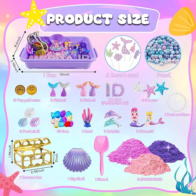 Bbiamsleep Mermaid Sensory Bin, Ocean Sand Kit with Color Sand Mermaid Sensory Kit for Birthday Party