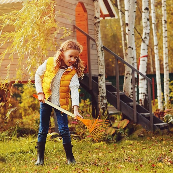 Kids Rakes, 2 Pieces 27" Heavy Duty Lawn Rake for Leaves, Child Size Metal Rakes, Yard Gifts for Boys Girls Age 3+