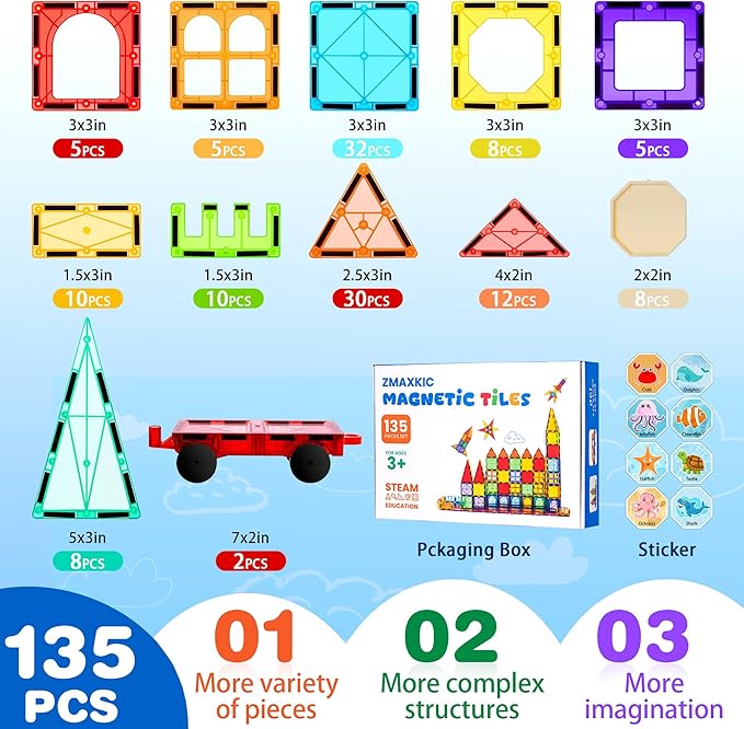 Magnetic Tiles, 135PCS Magnetic Building Blocks with 2 Cars, Large Magnet Building Set,STEM Sensory Educational Toys Gift for Toddlers Kids Boys Girls.