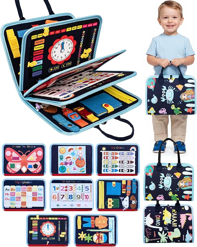 Montessori Busy Board for Toddlers Ages 1-4, Busy Book with 8 Pages Educational Sensory Activities, Learning Toy for Fine Motor Skills, Travel Toy for Airplane or Car, Birthday Gift for Boys & Girls