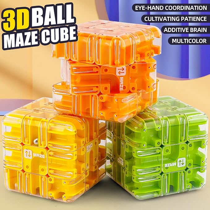 Large Labyrinth 3D Puzzle Maze Cube, Two-in-One Twist Cube Ball Maze Brain Teaser Toy, Stress Relief Fidget Game for Teens and Adults, Logic & Focus Training Gift (A-Multicolor)